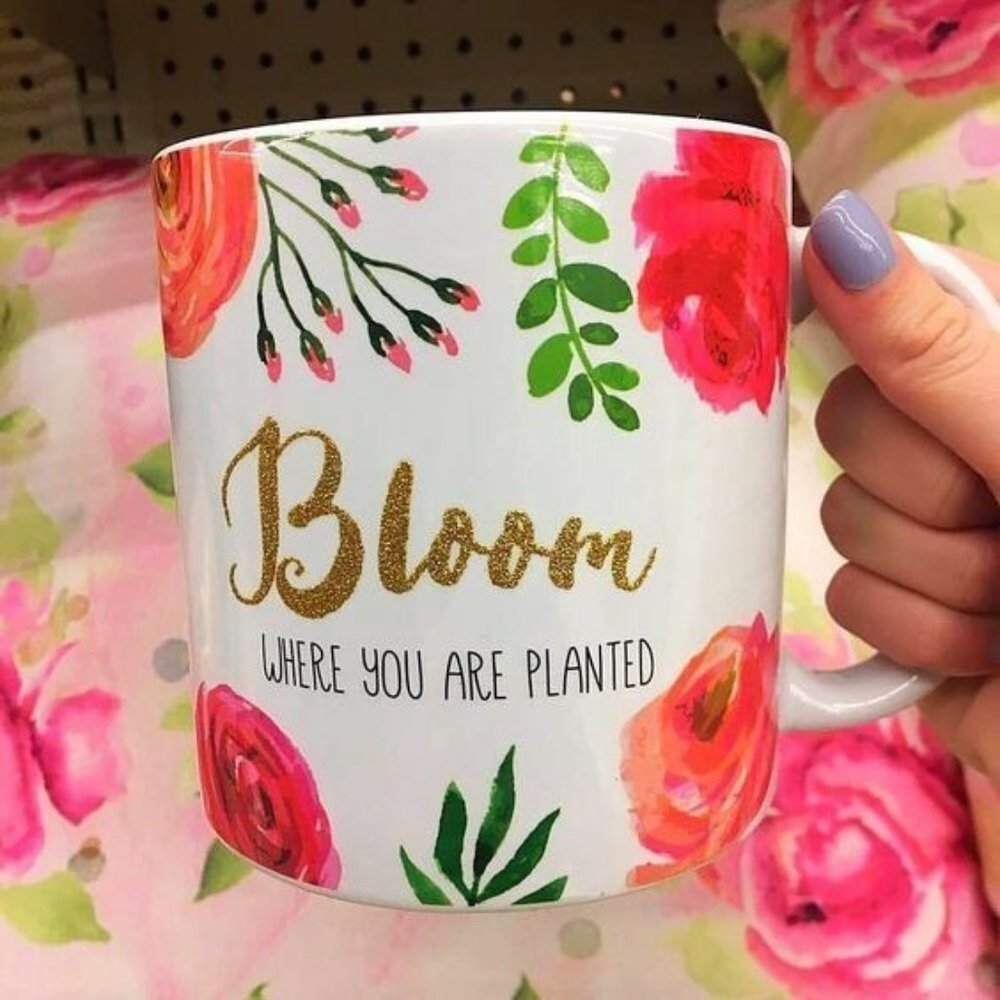 Sparkly Gold Bloom Where You Are Planted 20 oz Ceramic Inspirational Coffee Mug